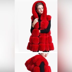 Hooded Sleeveless Hooded Fur Gilet Faux Fur Vests Jacket (Red, S-M) NWT new